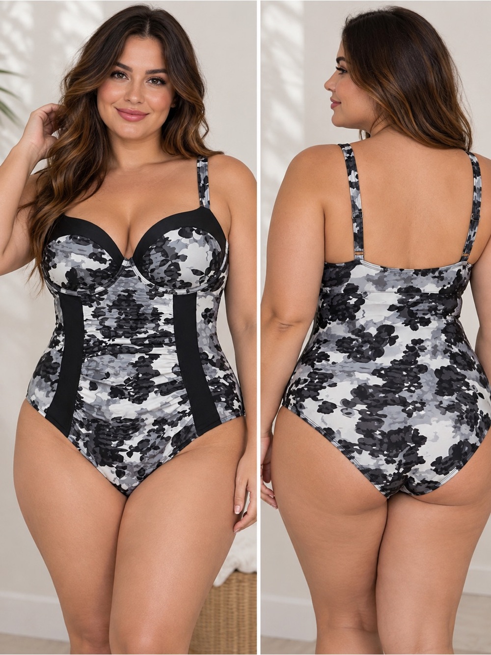 Swimsuits For All Black Gray Floral Ruched One Piece Swimsuit Size 16